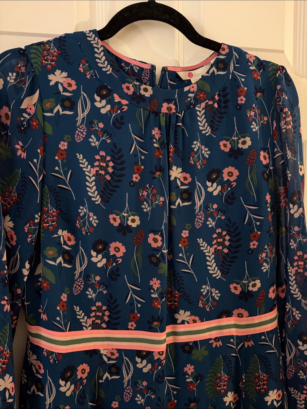 Boden Blue Floral Midi Dress with Pink Trim - Picture 2 of 6